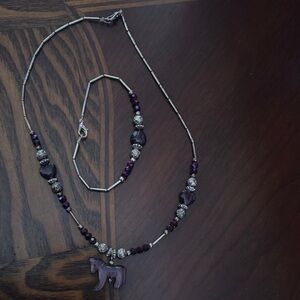 Kids Native American Indian necklace/bracelet set Purple and Silver heart Horse